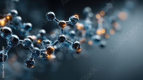 Molecular structure background, connected atoms, chemistry education concept, blue and white theme, depth of field, scientific abstract 