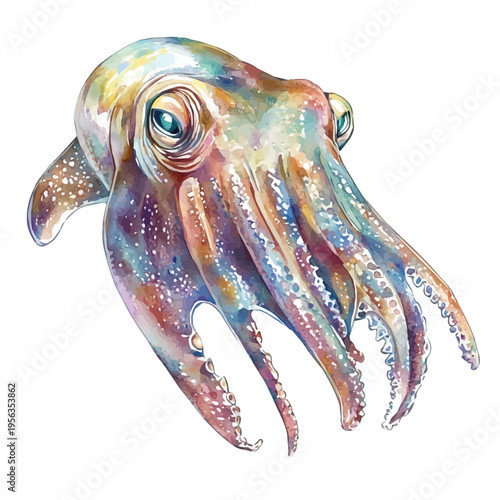 Tableau sur toile Cuttlefish, high quality watercolor illustration with transparent textures, isolated on a white background