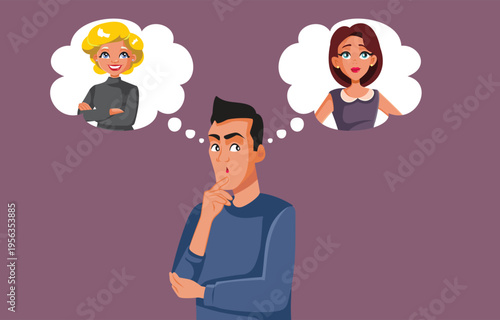 Man Must Choose Between Two Girlfriends Vector Illustration. Unfaithful guy pondering which girlfriend to be his partner 
