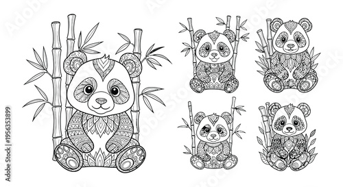 Adorable panda bears surrounded by bamboo in an intricate coloring page