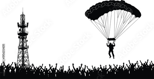 Silhouette of parachuter landing near cell tower with cheering crowd 1