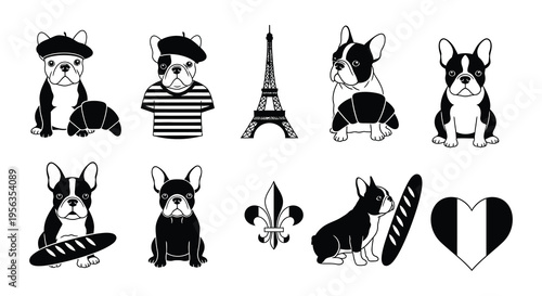French bulldogs parisian icons and baked goods in a black and white illustration