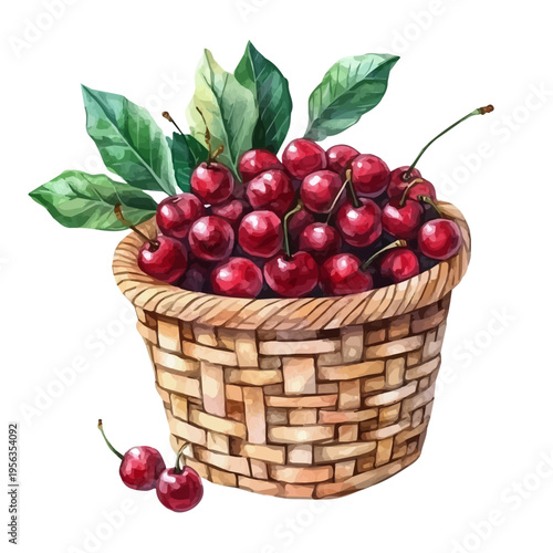 Coffee Cherry Basket, beautiful watercolor illustration with vivid colors and detailed vector style, isolated on a white background.