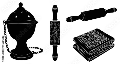 Black silhouettes of kitchen and book items