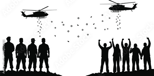 Silhouette of people waving at helicopters dropping parachutes
