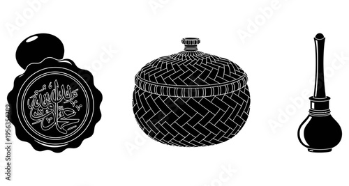 Black and white illustration of traditional perfume bottle and containers