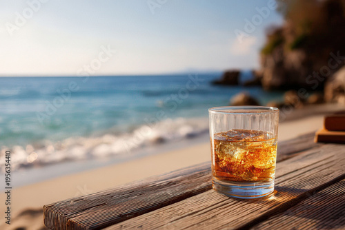 Glass of amber liquid with ice on a wooden table overlooking a tropical beach and ocean