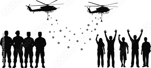 Silhouette of people watching helicopters drop silhouettes dropping white background