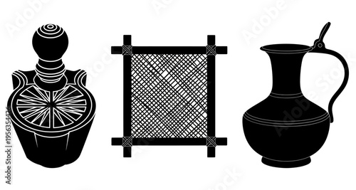 A black and white image of three old fashioned items