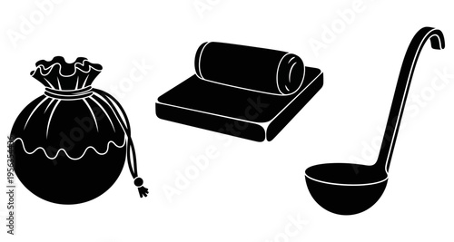 Black and white drawing of a money bag, a towel, and a ladle