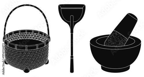 Black and white illustration of kitchen tools