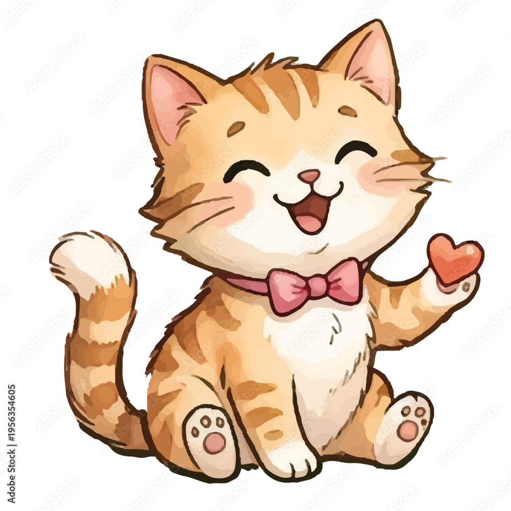 Fototapeta premium Cute happy cartoon kitten sitting and smiling