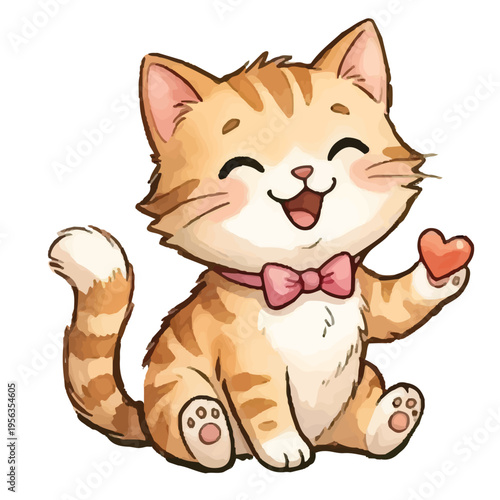 Cute happy cartoon kitten sitting and smiling
