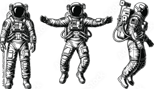 Three black and white of astronauts in different poses in space suits floating standing