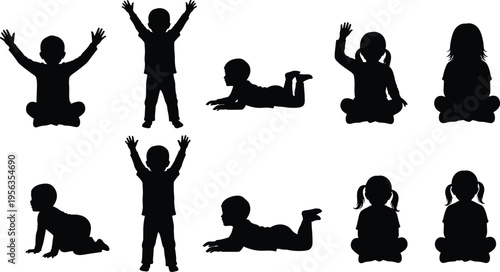 Silhouette illustration set of cute children and toddlers in various poses, including sitting, standing, and crawling, isolated on a clean plain white background.