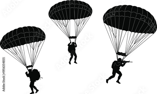 Three black silhouettes of parachuters with guns and backpacks white background parachutes