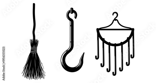 Black and white illustration of a broom hook and clothes hanger
