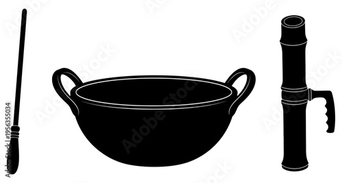 A black and white image of a bowl and two tools