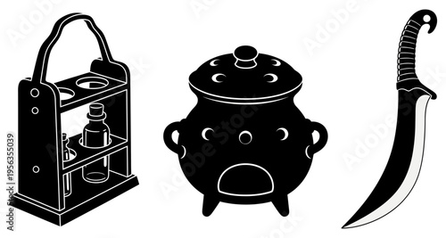 A black and white image of a lantern, cauldron and sword