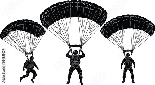 Three black silhouettes of parachuters with open parachutes skydiving adventure