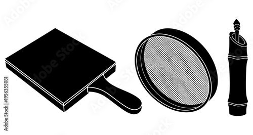 Black and white drawing of kitchen tools