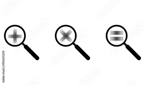 A set of magnifying glasses displaying plus, multiply and equal signs. Clean, simple design suitable for web, mobile, and presentation use.
