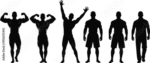 Muscular male bodybuilder silhouette set with fitness poses flexing strong athlete gym training human anatomy black vector illustration collection