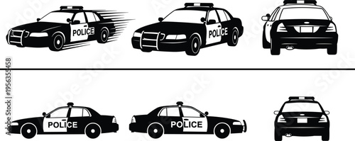 Police car silhouette set with patrol vehicle emergency transport law enforcement automobile black vector illustration collection different angles isolated design