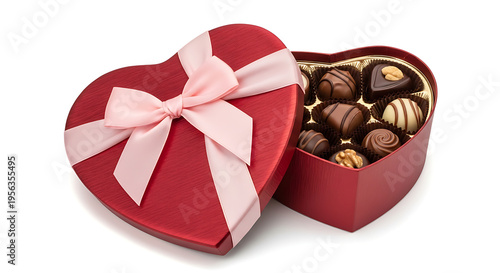 3d A red heart-shaped gift box with an open lid, filled with dark chocolates and topped with a large white-and-red ribbon bow, centered on a clean white background with soft shadows