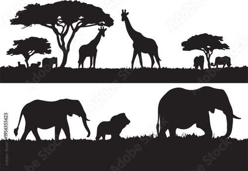 Safari silhouettes of giraffes elephants and trees in african landscape