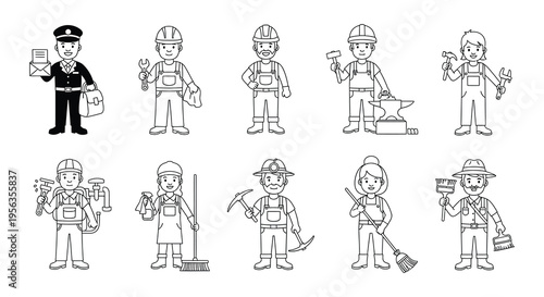 Line art illustration depicting various professions and workers in a group