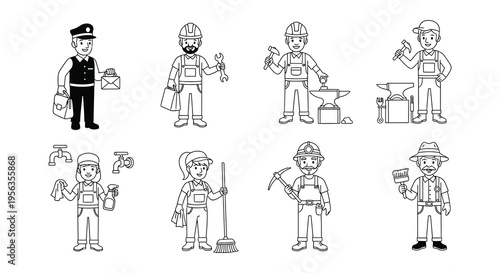 Line art illustration depicting various professions and workers in a group