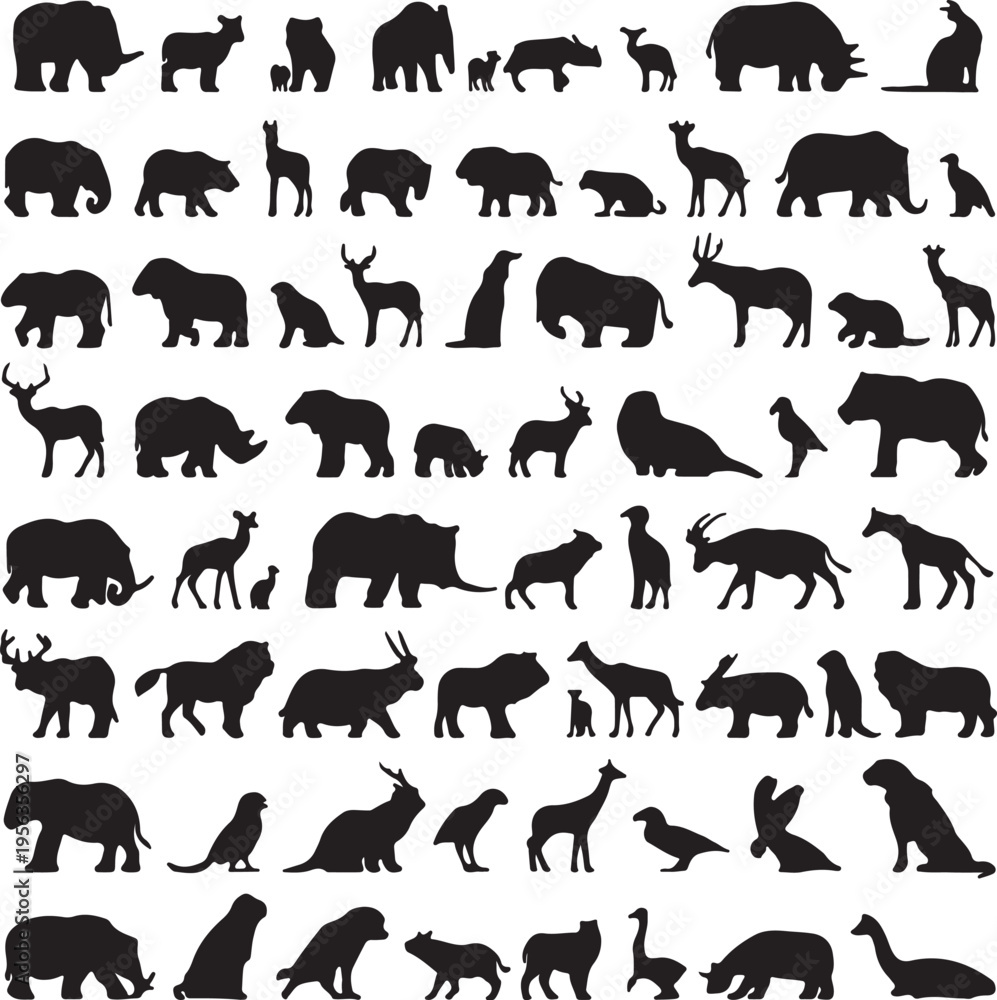 Fototapeta premium Collection of diverse animal silhouettes in black on white background