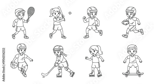 Children participating in various sports activities illustrated in black and white