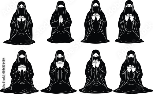 Muslim Woman in Niqab and Abaya Sitting and Praying Set of Vector Illustrations for Islamic Religious Faith and Spiritual Devotion