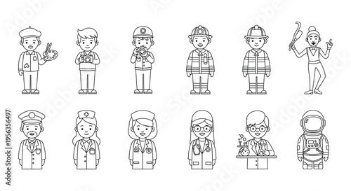 Collection of diverse professions illustrated with simple black and white line art