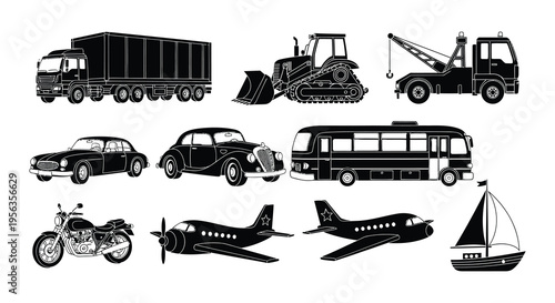 Collection of various black silhouette transportation vehicles and machines