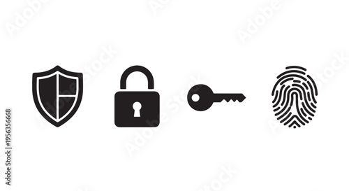 Shield Padlock Key Fingerprint Icons in Row, Solid Black Minimal Icons Evenly Spaced White Background