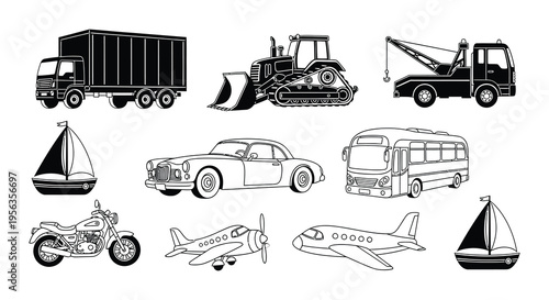 Collection of various black silhouette transportation vehicles and machines