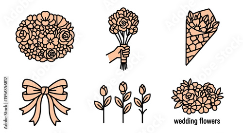 Set of charming, minimalist line-art flowers and floral arrangement graphics, showcasing various bouquet styles with a focus on wedding and special occasion decorative elements.