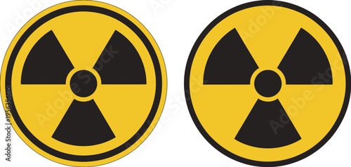 Radiation icon set, circular radioactive hazard sign, nuclear safety and danger symbol, atomic energy warning, caution label, minimal flat vector illustration.