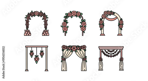 Elegant wedding arches and floral decorations in various styles on white background.