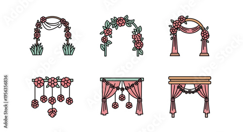 Set of six vector illustrations of wedding arches and floral decorations on white background.