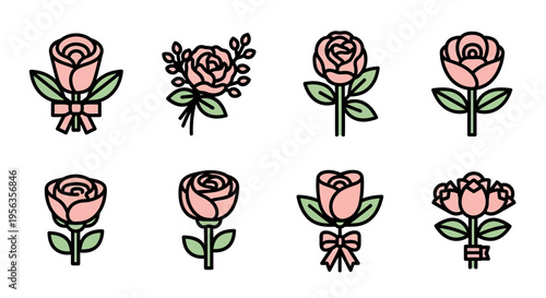 Collection of eight different pink rose flower illustrations with green leaves and stems.
