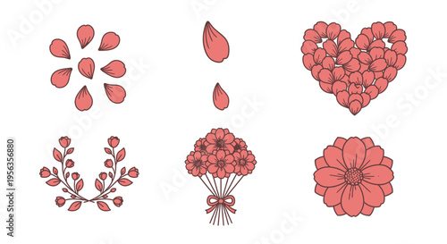 A collection of stylized, hand-drawn rose pink floral elements and arrangements scattered petals, teardrop shapes, heart formation, elegant wreath, bouquet with bow, and a singular bloom, pe