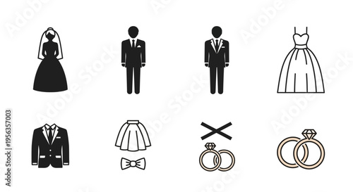 Wedding icons set featuring bride, groom, dress, rings and suit illustrations.