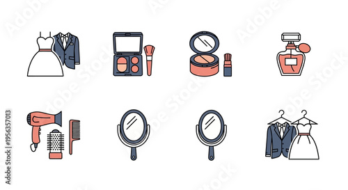 Fashion and beauty icons collection, including dress, suit, makeup, and perfume.