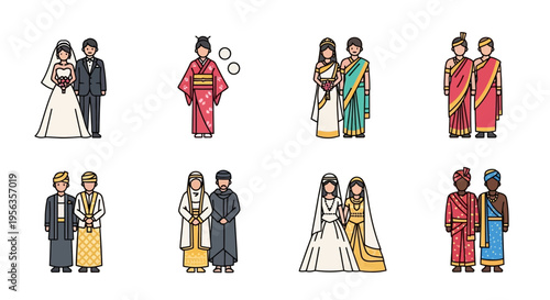 Diverse wedding couples in traditional attire from various cultures, vector illustration.