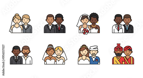 Diverse wedding couples in various attire and cultural backgrounds, vector illustration.