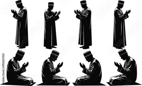 Muslim Men Silhouettes Praying in Standing and Sitting Positions Set of Islamic Prayer Gestures Isolated on White Background Vector Illustration